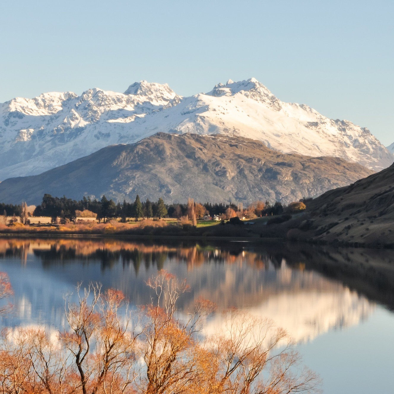 Snowy peak reflecting on a blue lake respecting sustainable New Zealand 