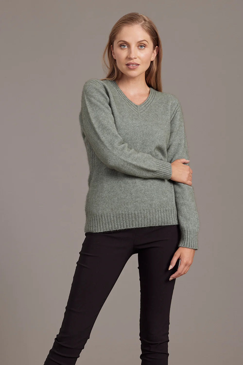 Rib Detail V Neck Jersey Women Sweater McDonald