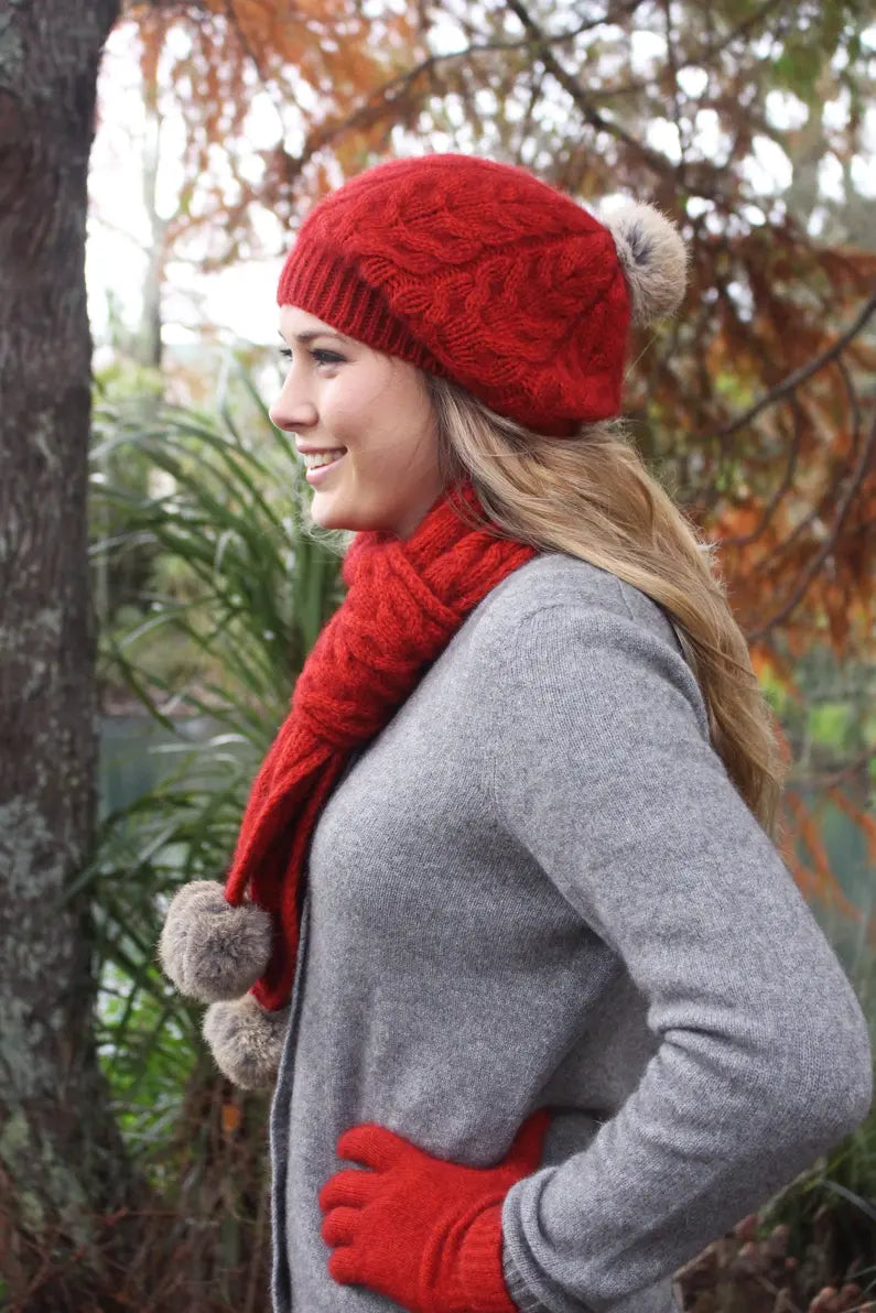 Cable Scarf with Rabbit Fur Pompoms Scarf Lothlorian
