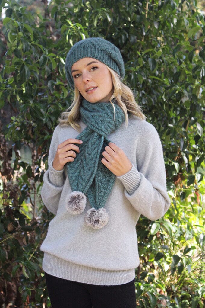 Cable Scarf with Rabbit Fur Pompoms Scarf Lothlorian