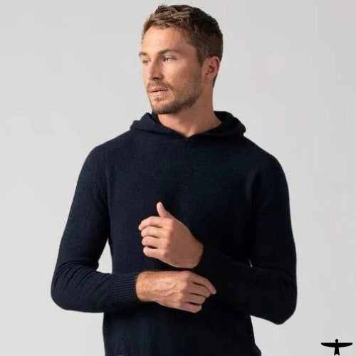 Man wearing a blue navy Wool Hoodie sweater NZ by Untouched World