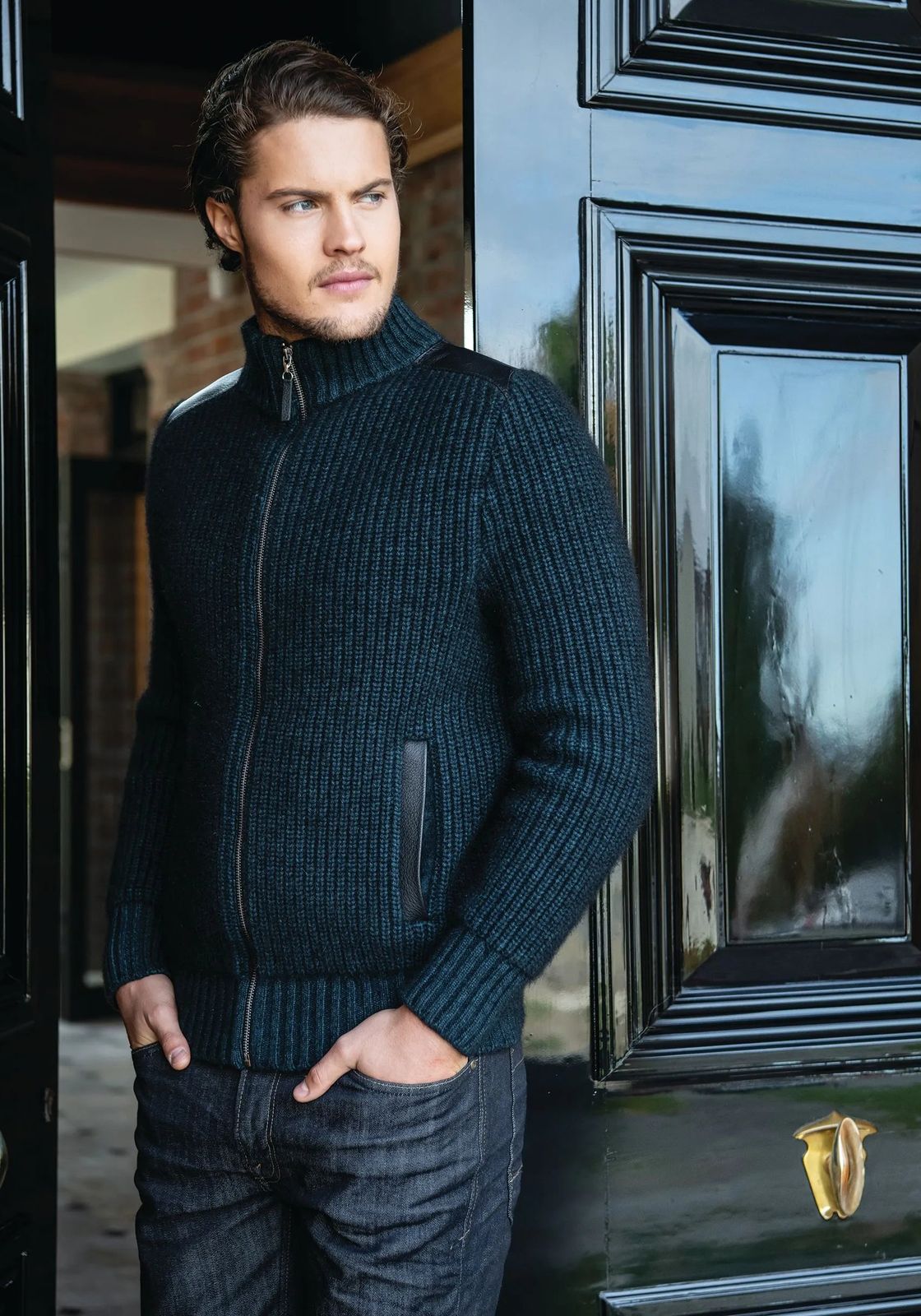 Man in a navy zip wool jacket