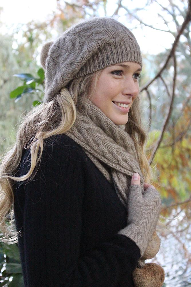Cable Scarf with Rabbit Fur Pompoms Scarf Lothlorian 